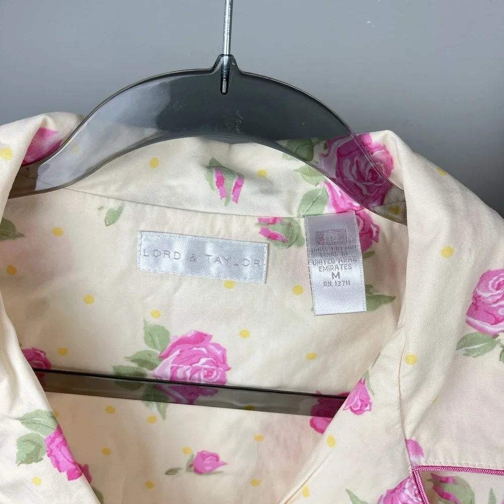 Vintage Lord & Taylor Pajama Set Womens M Yellow Pink Rose Floral 2 Pc Cottage‎